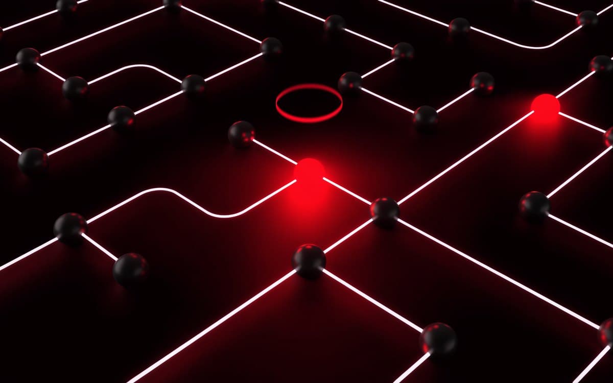 A dark network of workflow nodes and connecting lines, with several junctions glowing crimson to mark where time is being lost.